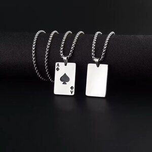 2Piece Set Hip Hop Statement Stainless Steel Poker Card Ace of Spades Necklace F